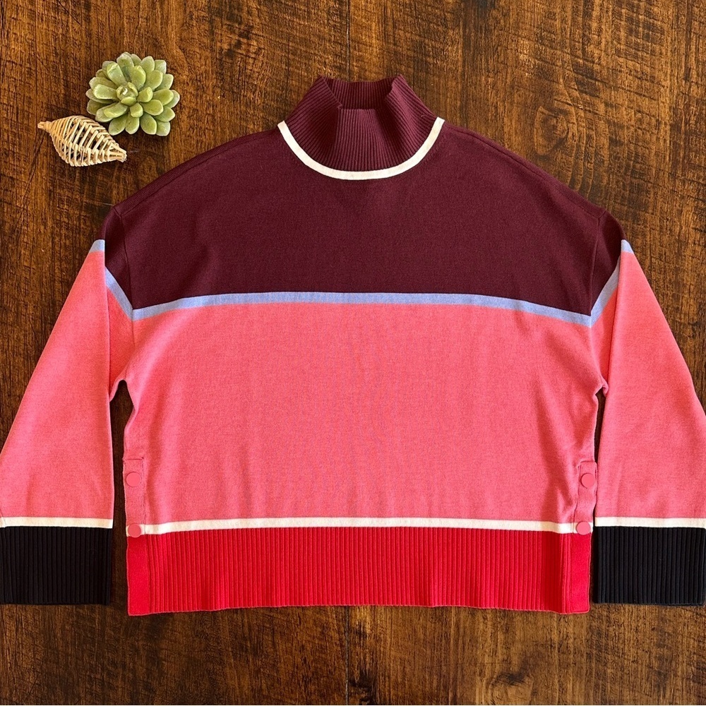 T by Talbots | Colorblock Striped Mockneck Sweater w/Snap Sides, Size L, NWT